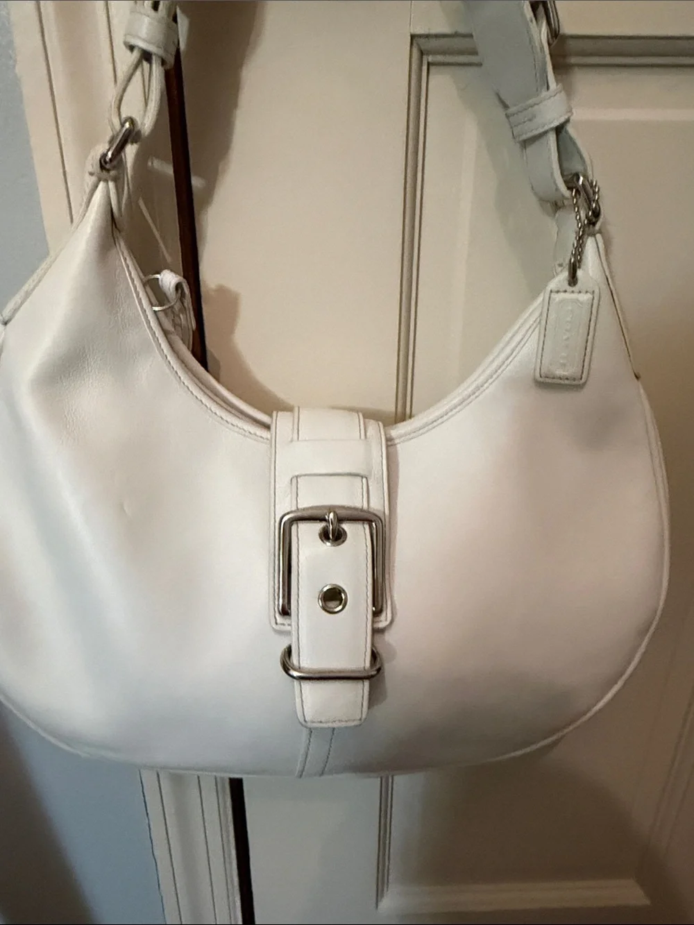 Coach White Leather Shoulder Hobo with Buckle Accent